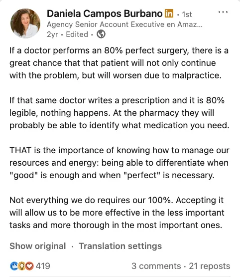 Daniela Campos — LinkedIn post